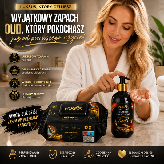 Zestaw pielęgnacyjny HUGVA – mydło w płynie 500 ml + chusteczki nawilżane 120 szt.