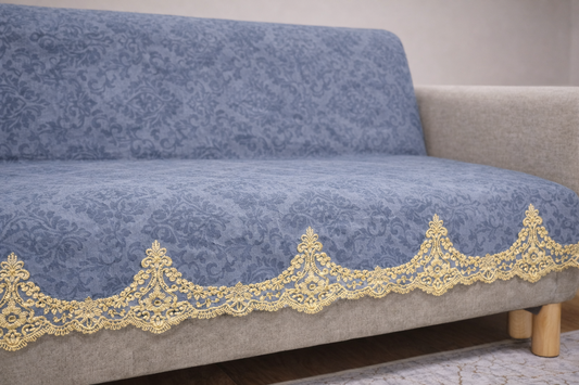 Pokrowiec Na Sofę Antypoślizgowy Z Koronką - 170x210 cm-Niebiesko-Szary