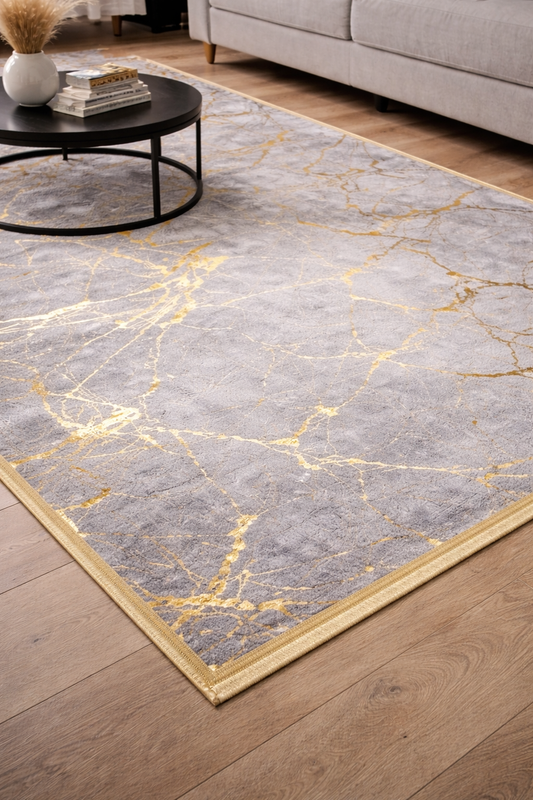 Dywan Z Frędzlami W Kolorze Szary & Złoty, 150x200 cm, z Antypoślizgową Podstawą