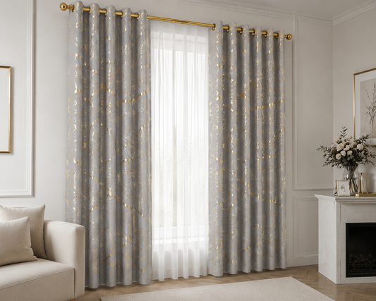 Zasłony 150 × 250 cm – 2 sztuki, Szare ze złotym wzorem