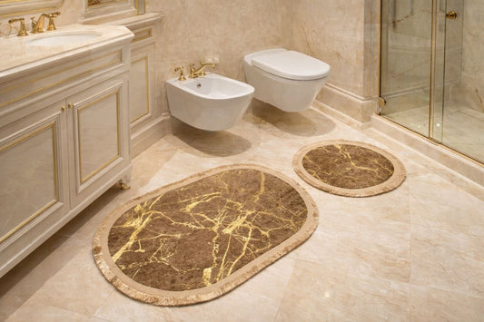 Owalne dywaniki łazienkowe / Antypoślizgowe / 2 sztuki / Cappuccino i złoto