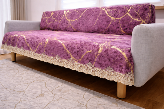 Pokrowiec Na Sofę Antypoślizgowy Z Koronką - 170x210 cm- Fiolet & Złoto