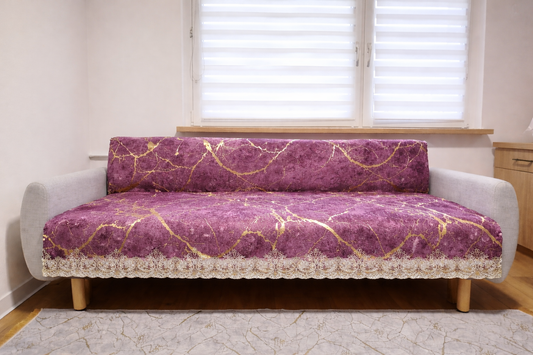 Pokrowiec Na Sofę Antypoślizgowy Z Koronką - 170x210 cm- Fiolet & Złoto