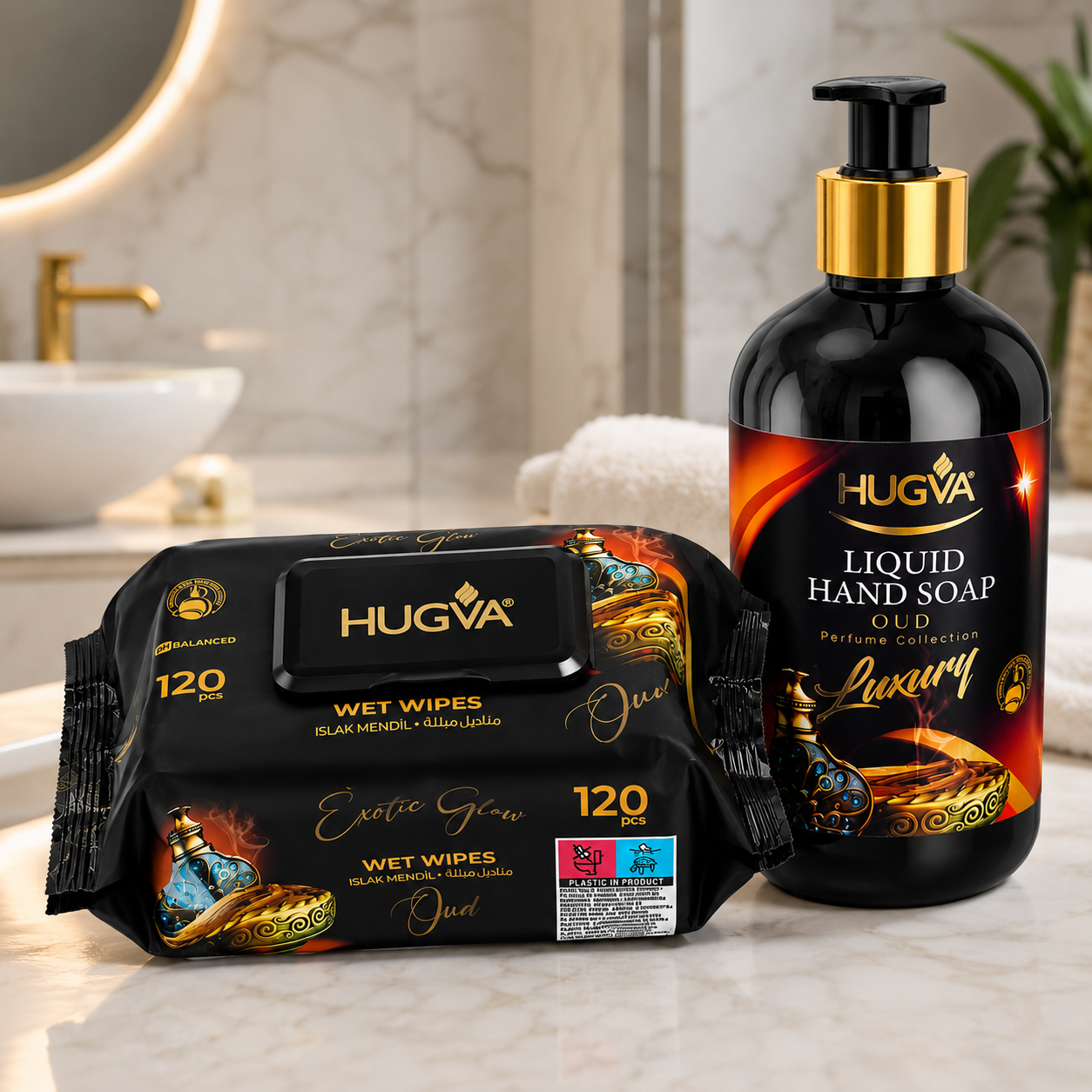 Zestaw pielęgnacyjny HUGVA – mydło w płynie 500 ml + chusteczki nawilżane 120 szt.