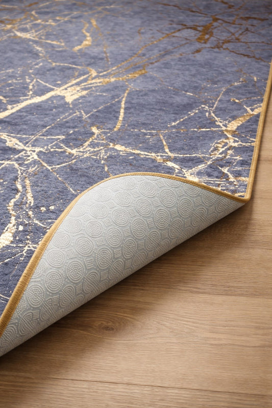 Dywanik z motywem marmuru w kolorze złotym i ciemnoszarym, 80x150 cm, antypoślizgowy, nadający się do prania, miękki
