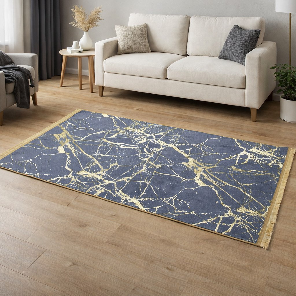Dywan 80x150 cm ze wzorem marmuru w kolorze złotym i czarnym, antypoślizgowy, zmywalny, miękki, wysokiej jakości
