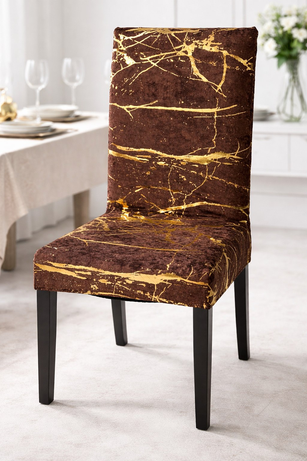 CHAIR COVERS 6 PCS BROWN AND GOLD MARBLE FLEXIBLE UNIVERSAL VELVET