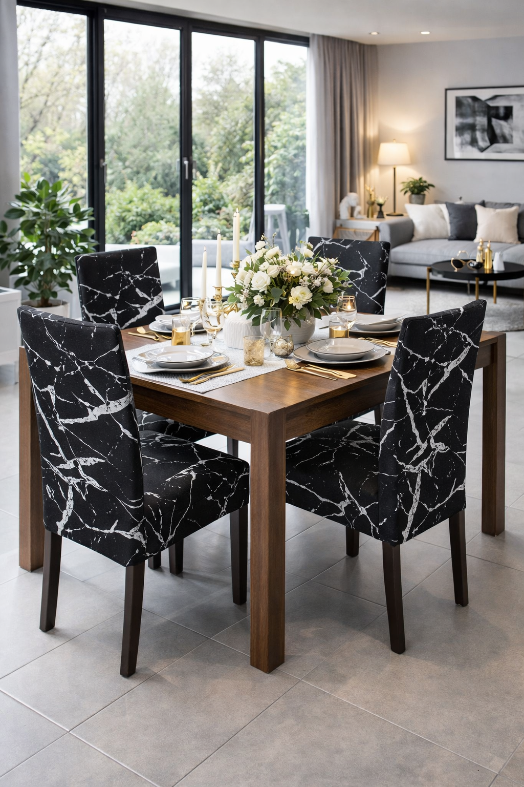 CHAIR COVERS 6 PCS BLACK AND WHITE MARBLE FLEXIBLE UNIVERSAL VELVET
