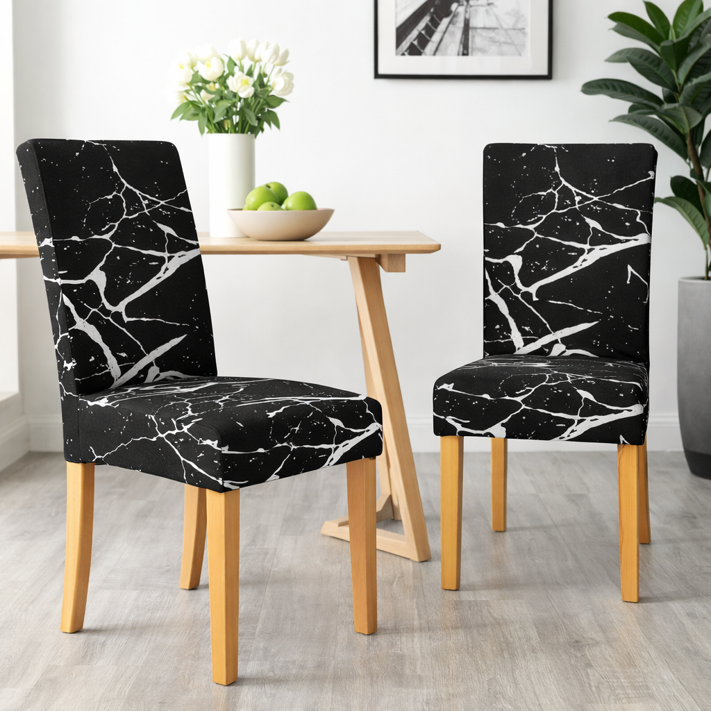 CHAIR COVERS 6 PCS BLACK AND WHITE MARBLE FLEXIBLE UNIVERSAL VELVET