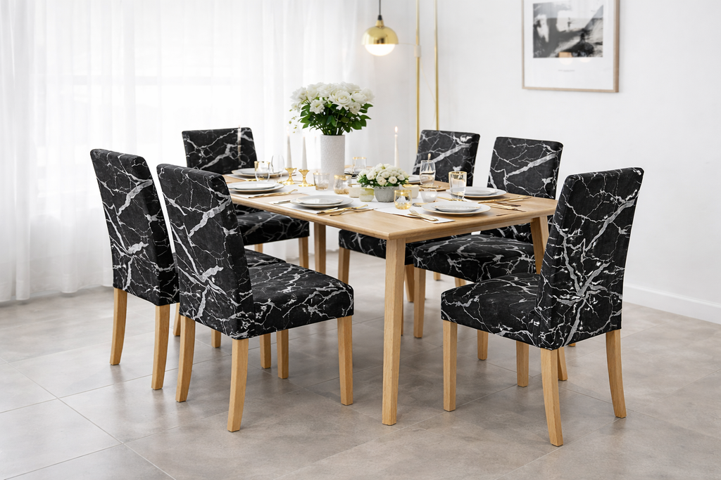 POKROWCE NA KRZESŁA 6 SZT. CZARNO-BIAŁE MARMUROWE ELASTYCZNE UNIWERSALNE WELUROWE