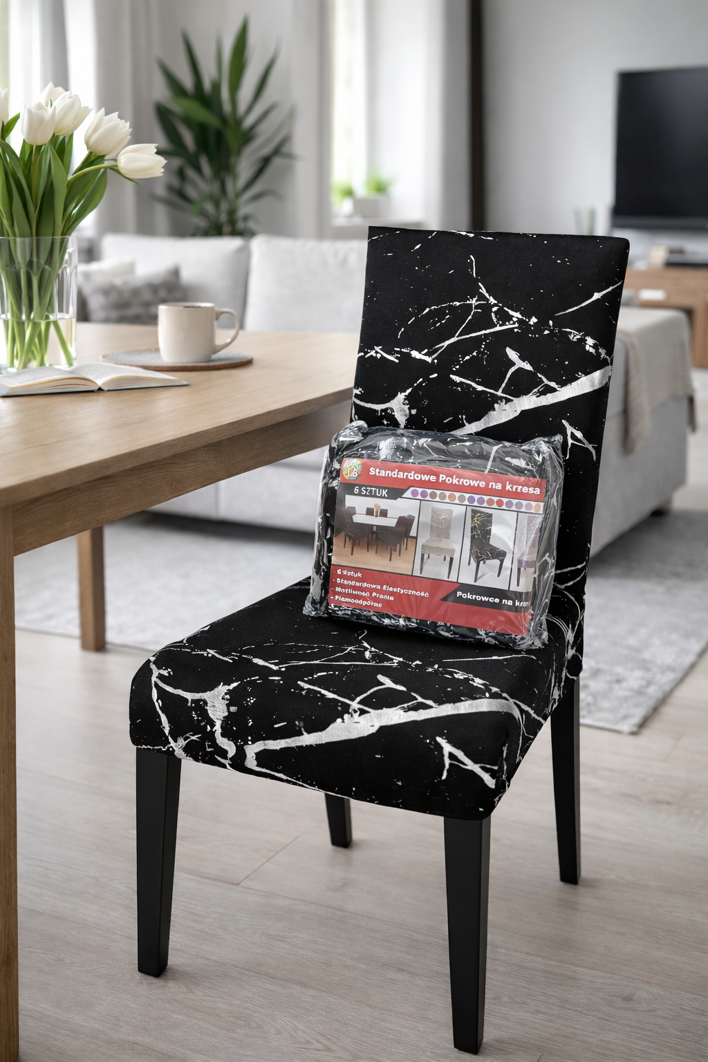 POKROWCE NA KRZESŁA 6 SZT. CZARNO-BIAŁE MARMUROWE ELASTYCZNE UNIWERSALNE WELUROWE