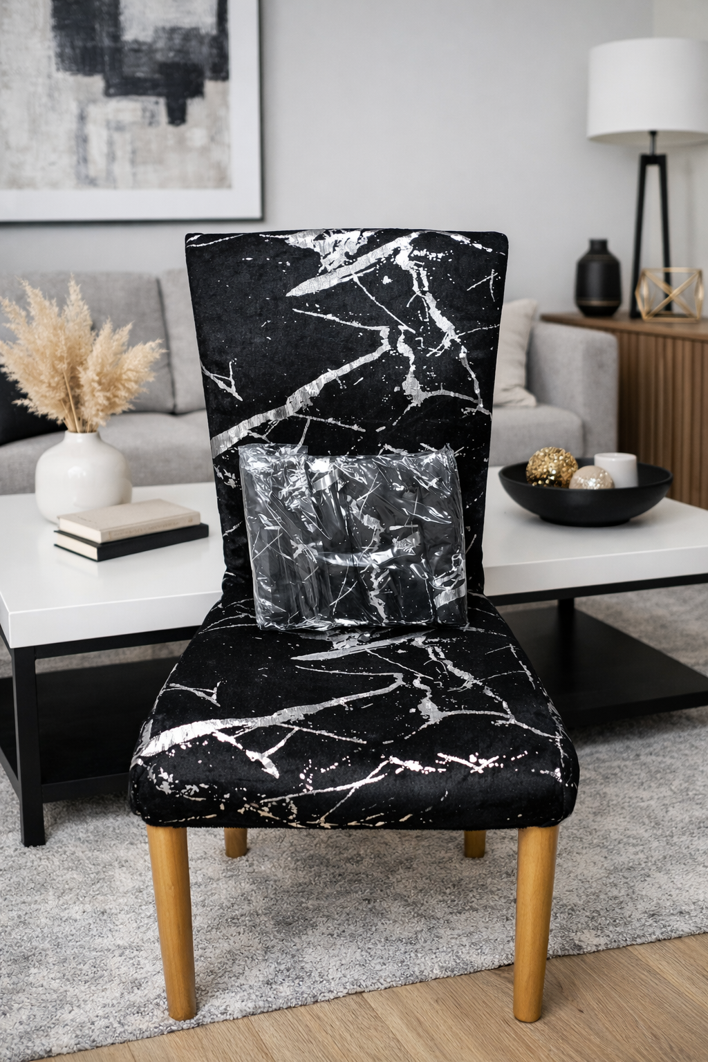 POKROWCE NA KRZESŁA 6 SZT. CZARNO-BIAŁE MARMUROWE ELASTYCZNE UNIWERSALNE WELUROWE