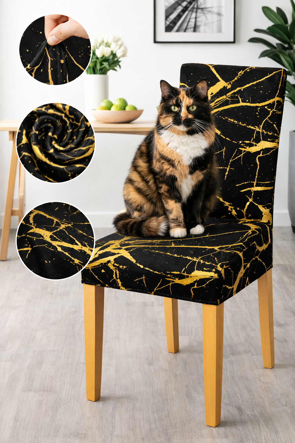 CHAIR COVERS 6 PCS BLACK AND GOLD MARBLE FLEXIBLE UNIVERSAL VELVET