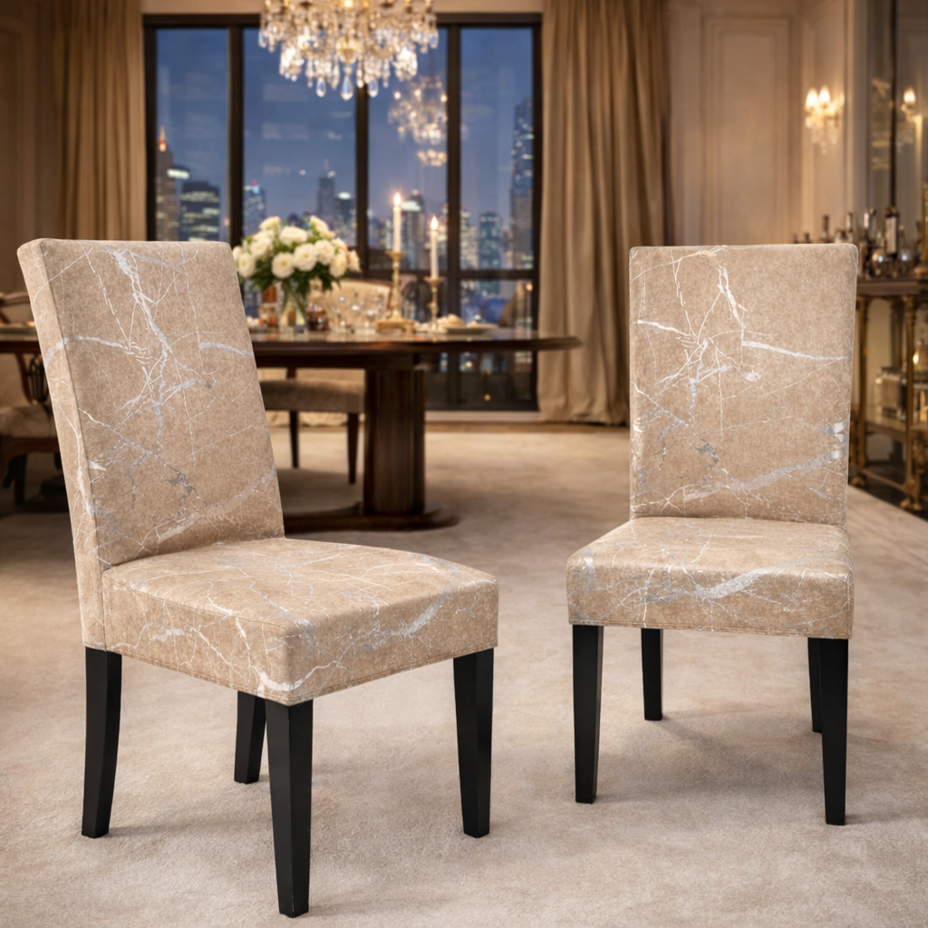 CHAIR COVERS 6 PCS CAPPUCCINO AND SILVER MARBLE FLEXIBLE UNIVERSAL VELVET