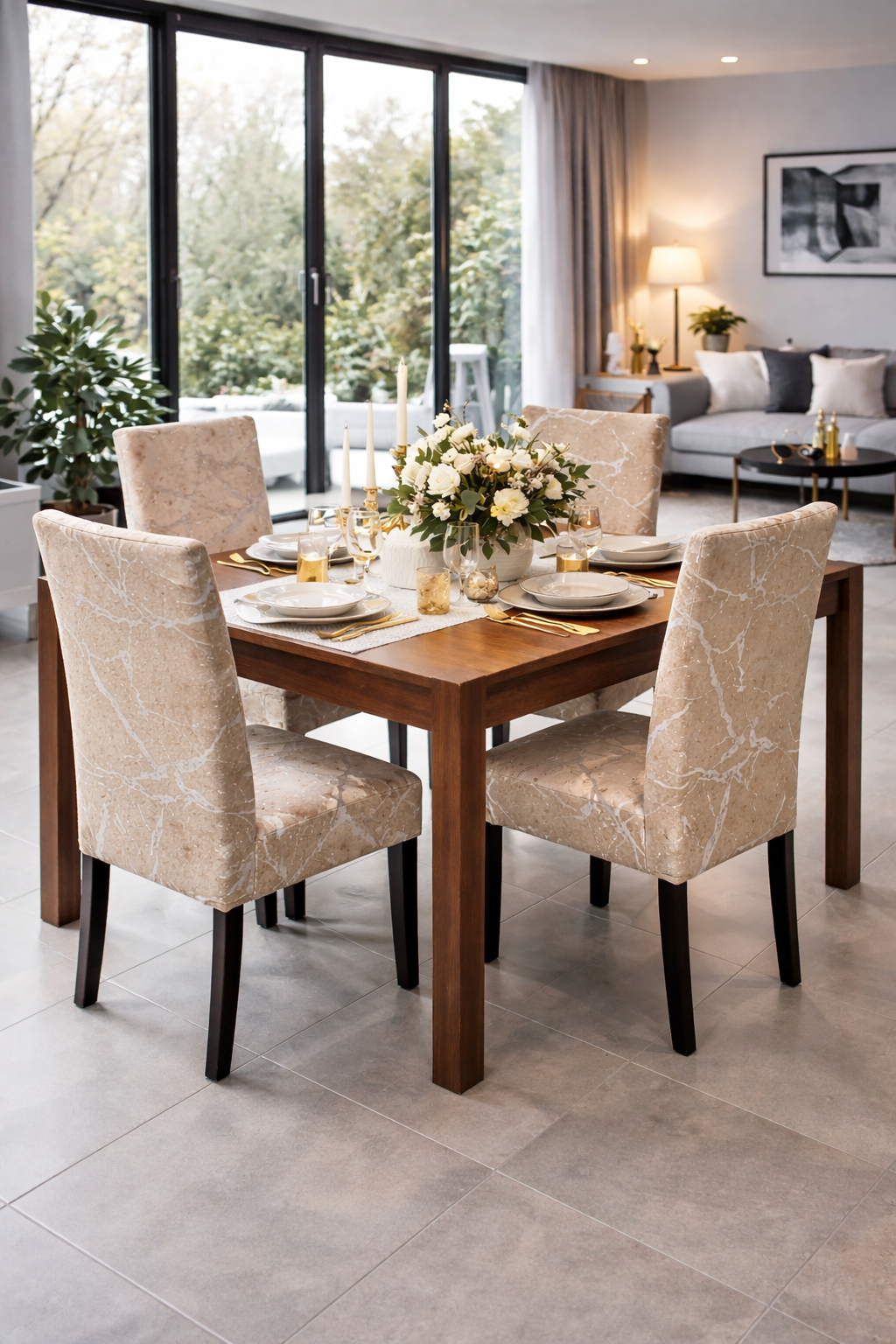 CHAIR COVERS 6 PCS CAPPUCCINO AND SILVER MARBLE FLEXIBLE UNIVERSAL VELVET