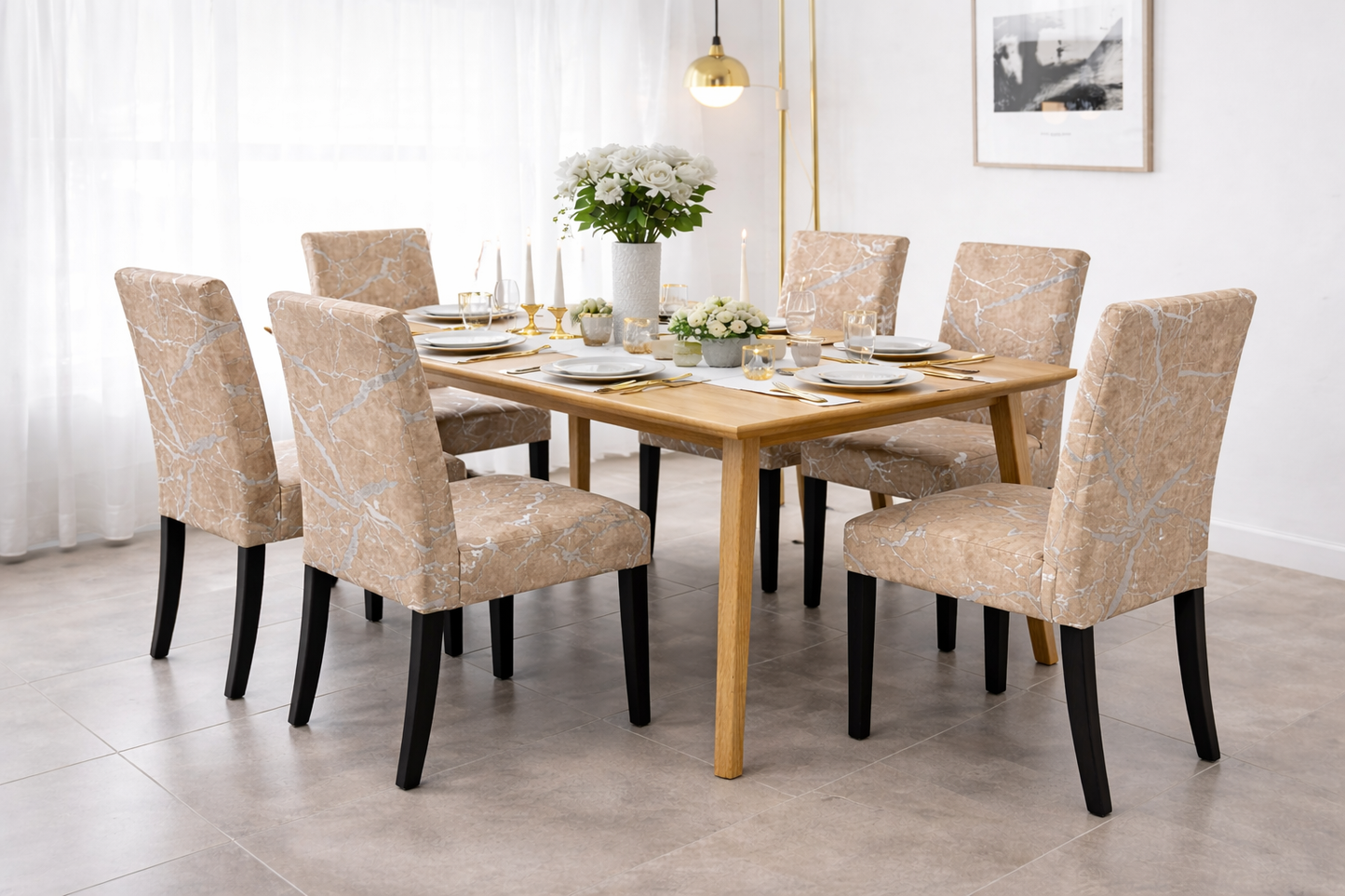 Poťahy na stoličky Marble, 6 kusov, cappucino a strieborná