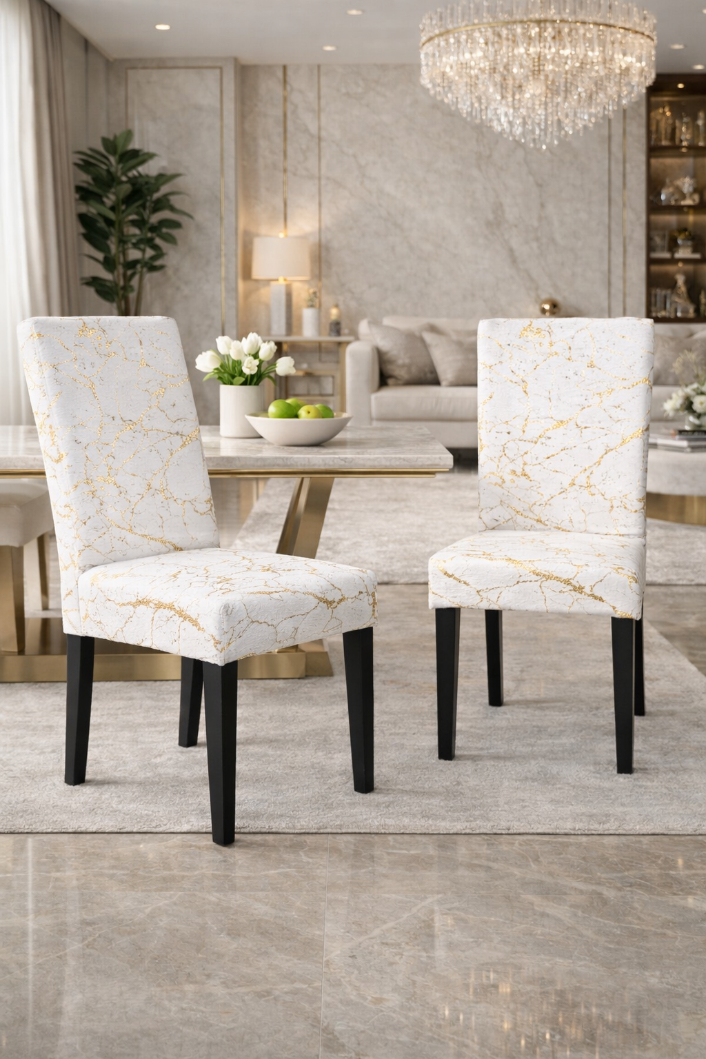 CHAIR COVERS 6 PCS WHITE AND GOLD MARBLE FLEXIBLE UNIVERSAL VELVET