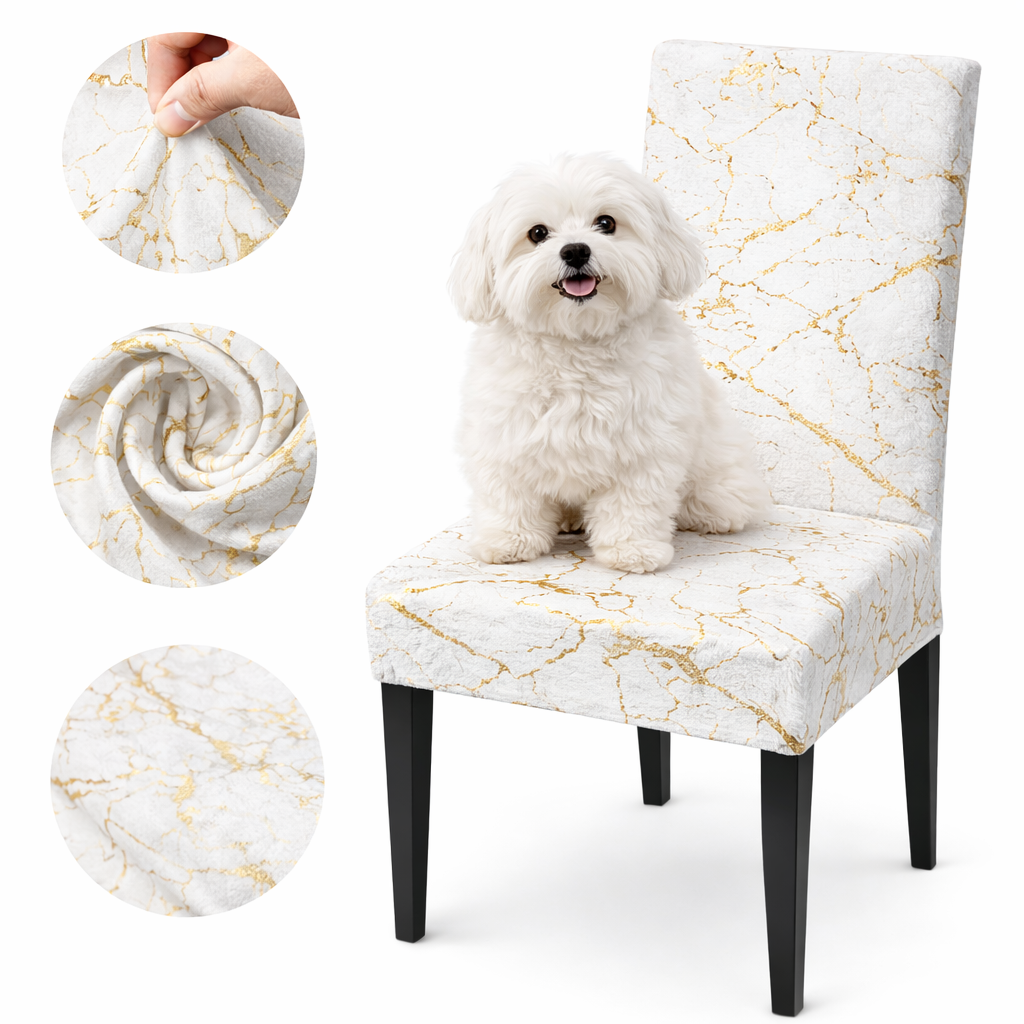 CHAIR COVERS 6 PCS WHITE AND GOLD MARBLE FLEXIBLE UNIVERSAL VELVET