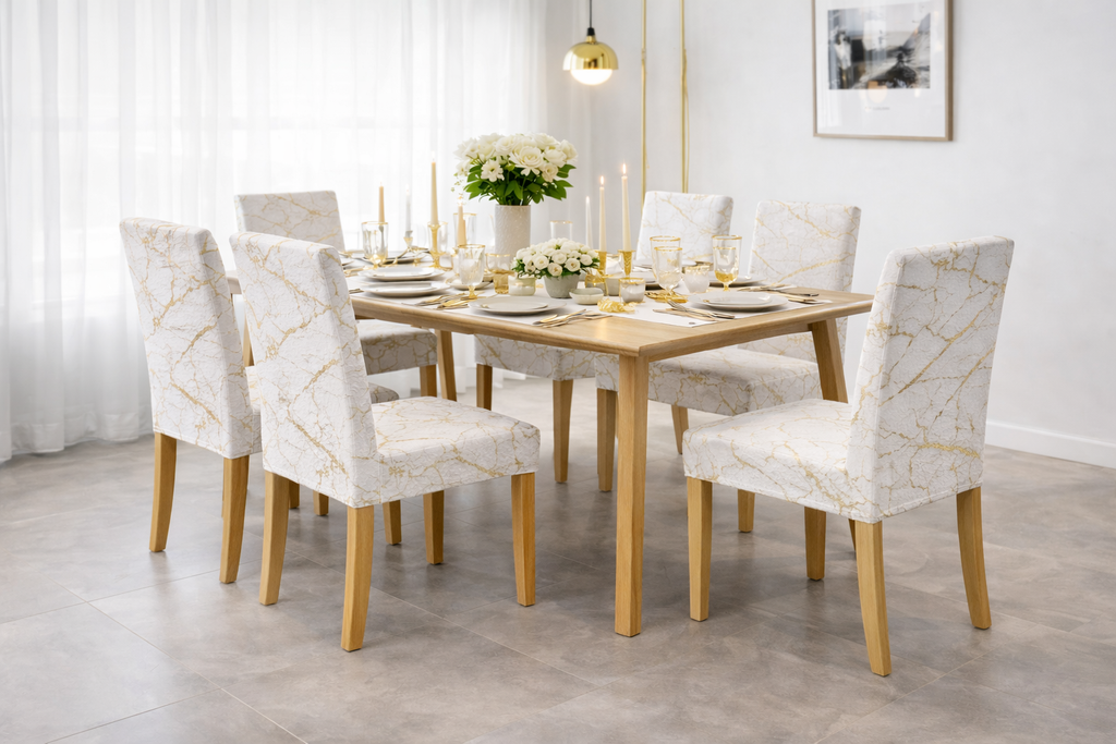 POKROWCE NA KRZESŁA 6 SZT. BIAŁE I ZŁOTE MARMUROWE ELASTYCZNE UNIWERSALNE WELUROWE