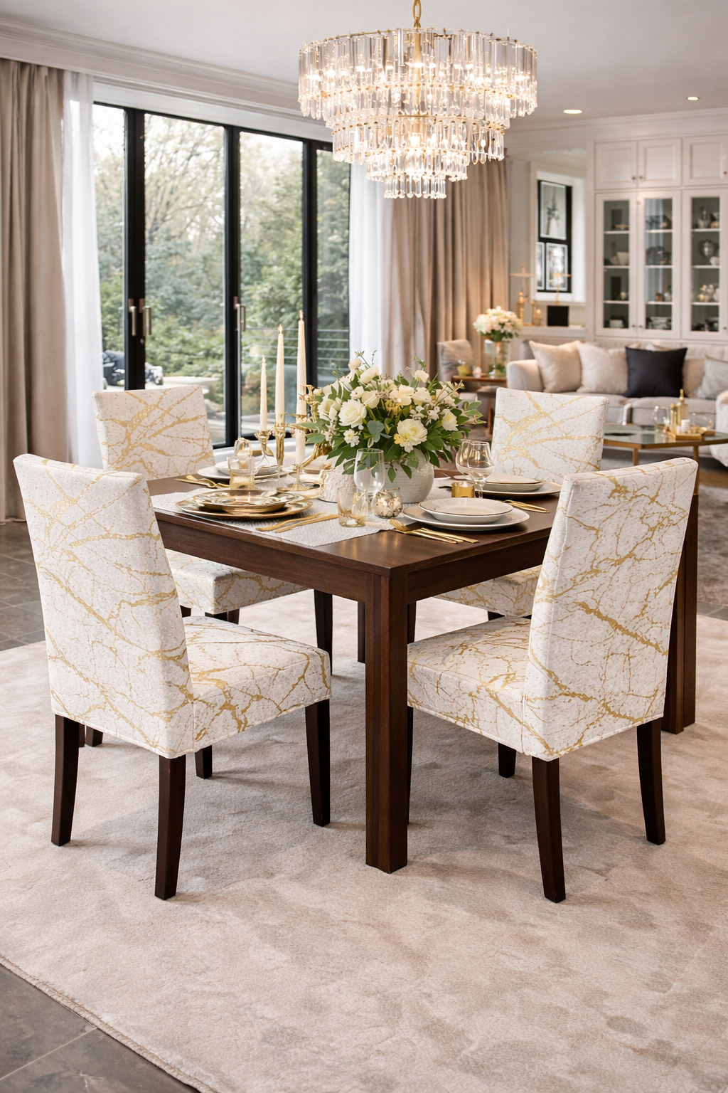 POKROWCE NA KRZESŁA 6 SZT. BIAŁE I ZŁOTE MARMUROWE ELASTYCZNE UNIWERSALNE WELUROWE