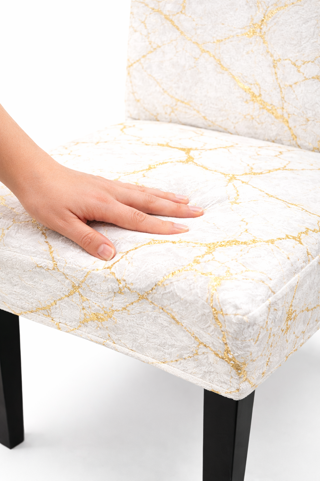 POKROWCE NA KRZESŁA 6 SZT. BIAŁE I ZŁOTE MARMUROWE ELASTYCZNE UNIWERSALNE WELUROWE