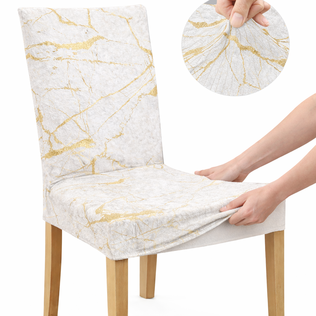POKROWCE NA KRZESŁA 6 SZT. BIAŁE I ZŁOTE MARMUROWE ELASTYCZNE UNIWERSALNE WELUROWE
