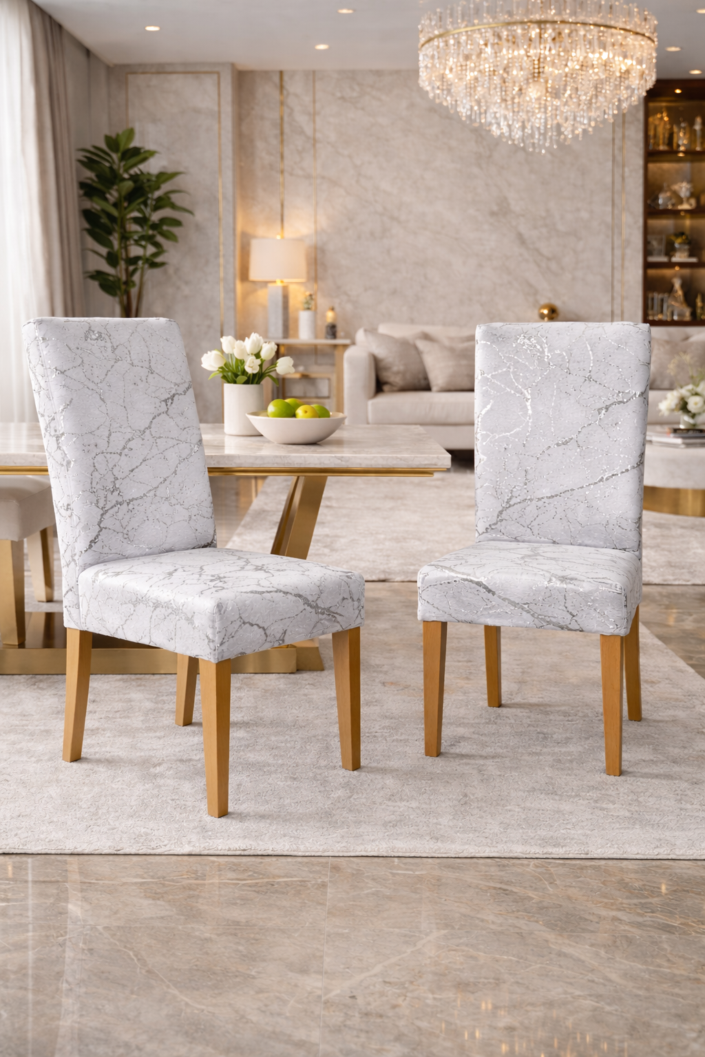 CHAIR COVERS 6 PCS WHITE AND SILVER MARBLE FLEXIBLE UNIVERSAL VELVET