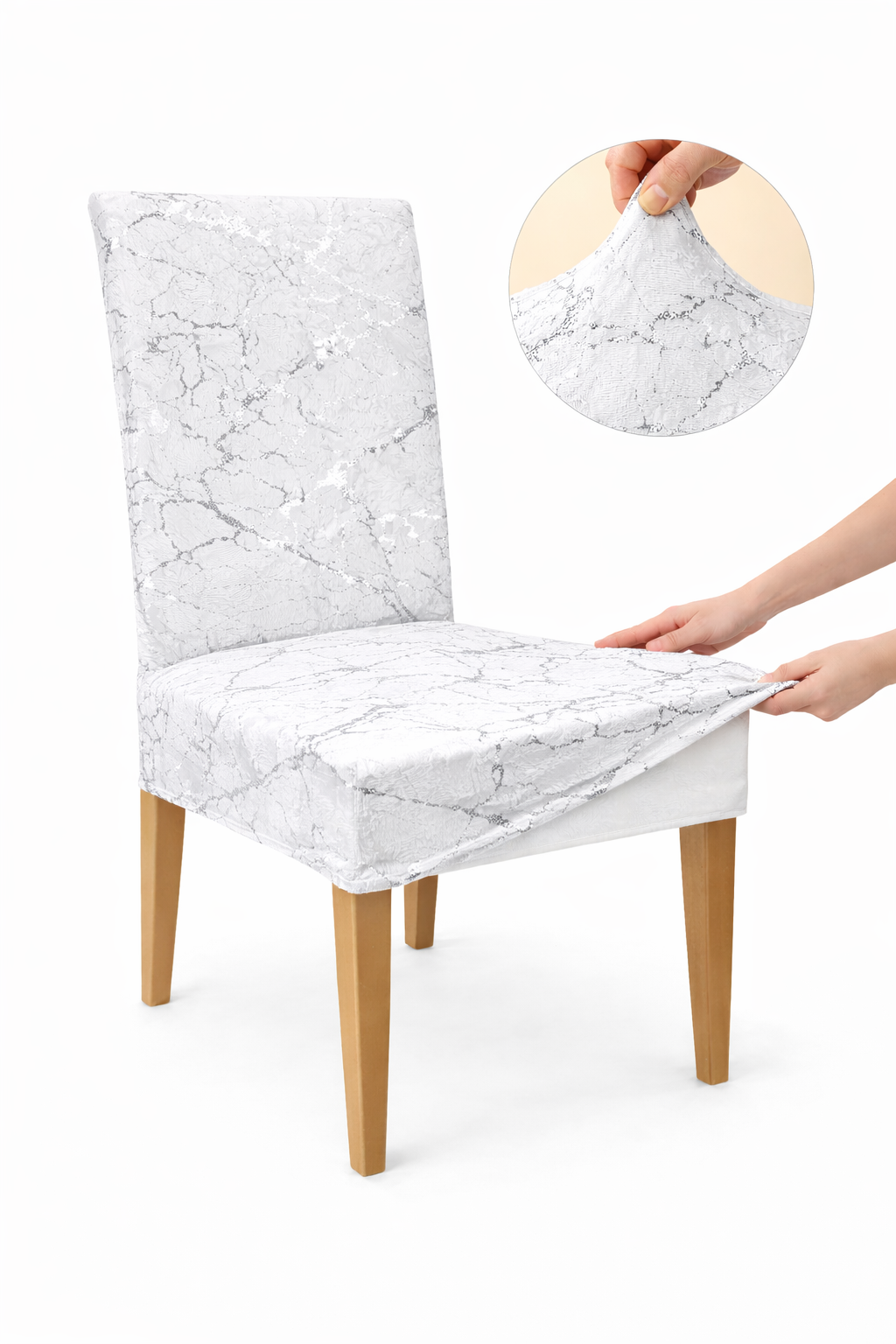 POKROWCE NA KRZESŁA 6 SZT. BIAŁE I SREBRNE MARMUROWE ELASTYCZNE UNIWERSALNE WELUROWE