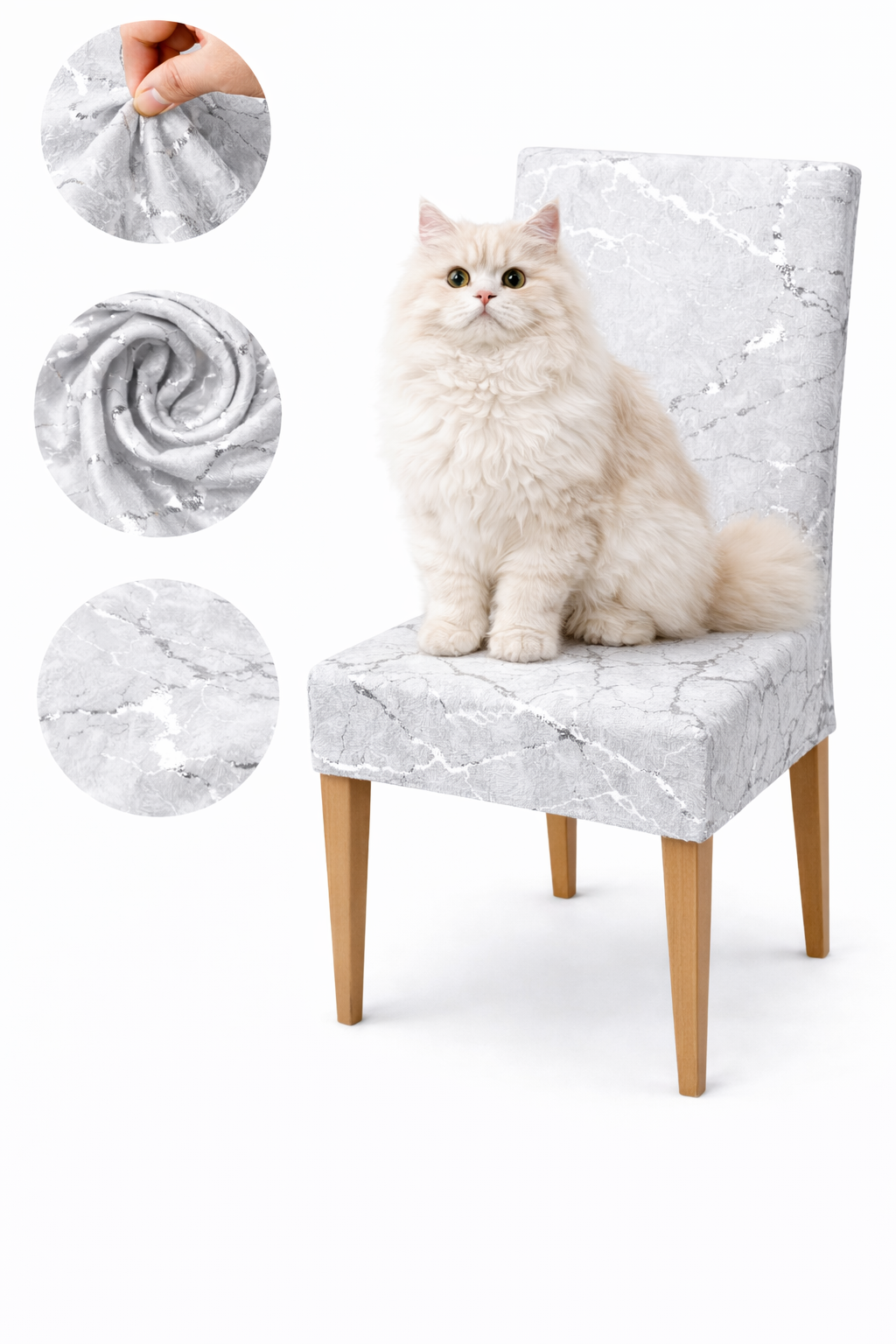 CHAIR COVERS 6 PCS WHITE AND SILVER MARBLE FLEXIBLE UNIVERSAL VELVET