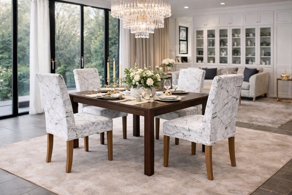 POKROWCE NA KRZESŁA 6 SZT. BIAŁE I SREBRNE MARMUROWE ELASTYCZNE UNIWERSALNE WELUROWE