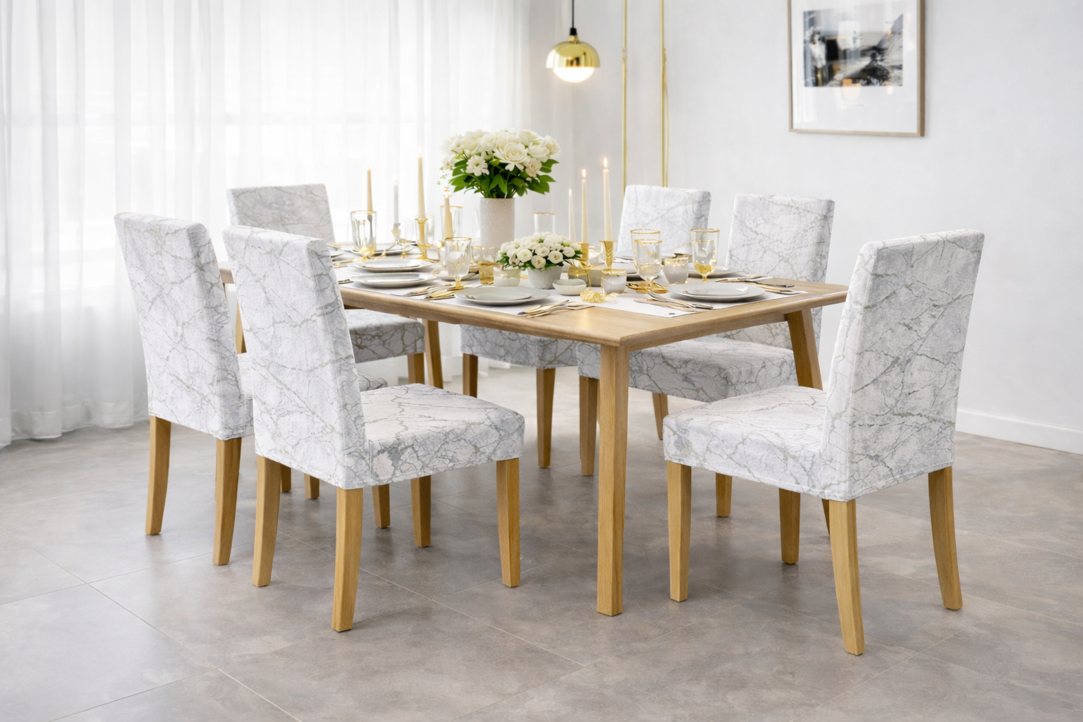 POKROWCE NA KRZESŁA 6 SZT. BIAŁE I SREBRNE MARMUROWE ELASTYCZNE UNIWERSALNE WELUROWE