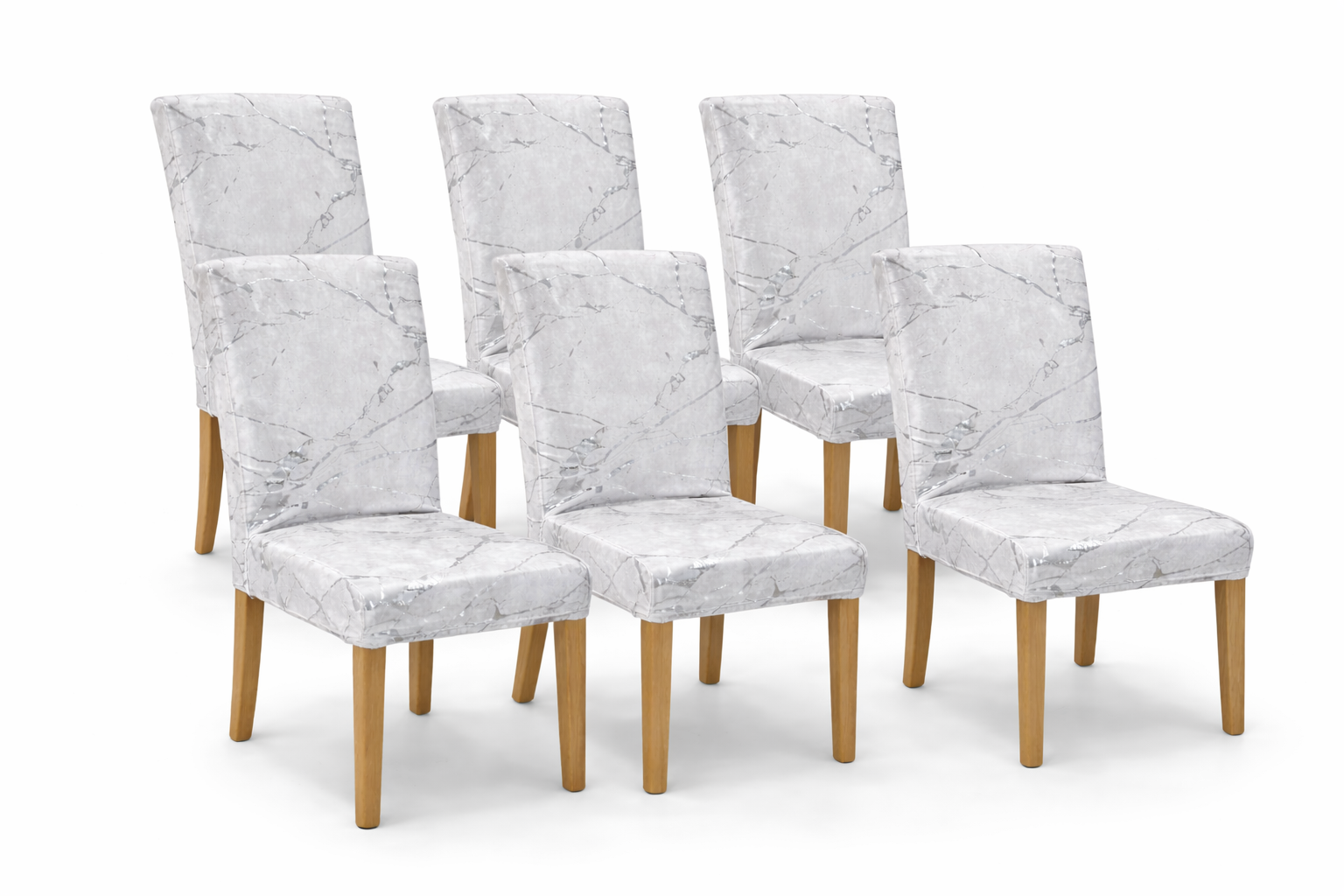 CHAIR COVERS 6 PCS WHITE AND SILVER MARBLE FLEXIBLE UNIVERSAL VELVET