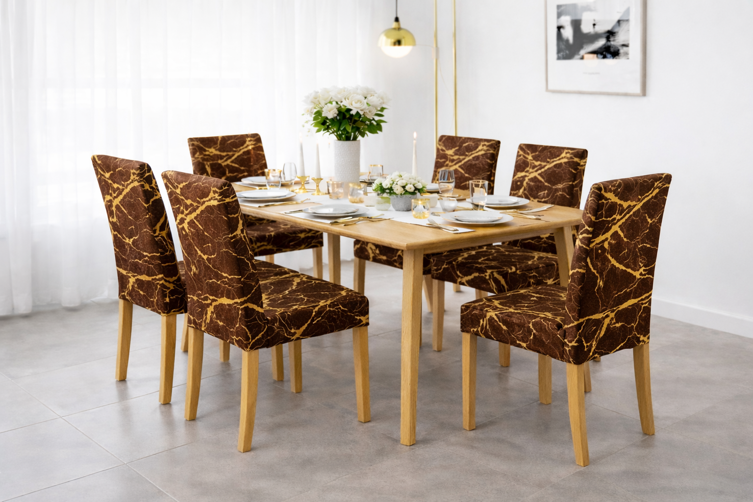 POKROWCE NA KRZESŁA 6 SZT. BRĄZOWE I ZŁOTE MARMUROWE ELASTYCZNE UNIWERSALNE WELUROWE