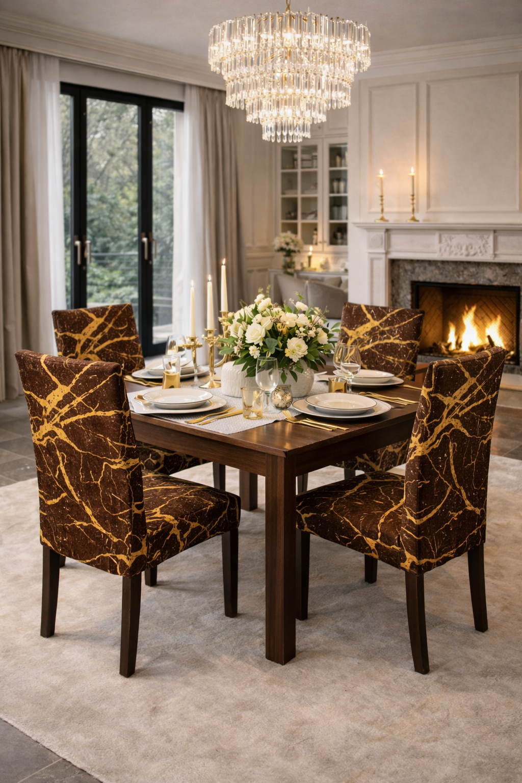 POKROWCE NA KRZESŁA 6 SZT. BRĄZOWE I ZŁOTE MARMUROWE ELASTYCZNE UNIWERSALNE WELUROWE