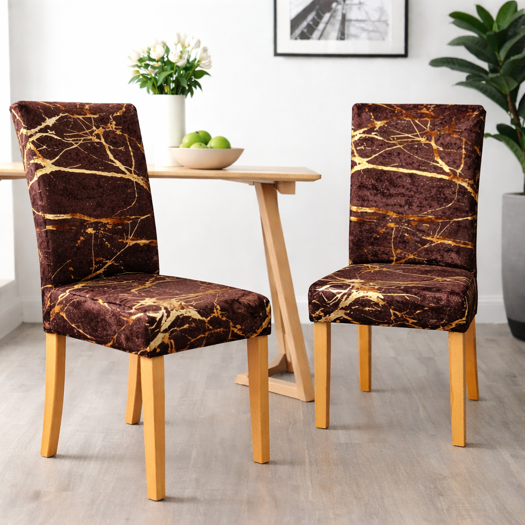 POKROWCE NA KRZESŁA 6 SZT. BRĄZOWE I ZŁOTE MARMUROWE ELASTYCZNE UNIWERSALNE WELUROWE