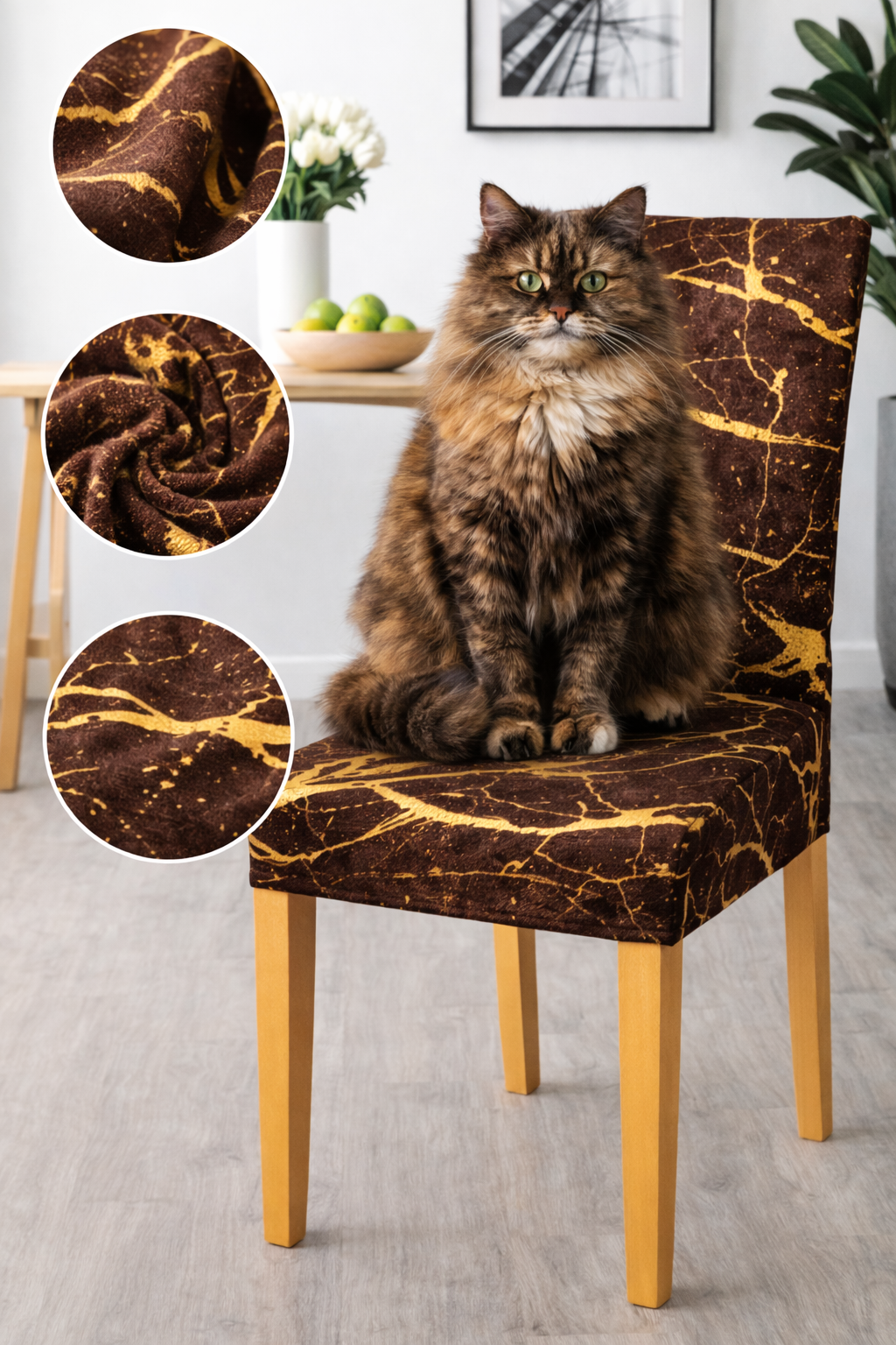 CHAIR COVERS 6 PCS BROWN AND GOLD MARBLE FLEXIBLE UNIVERSAL VELVET