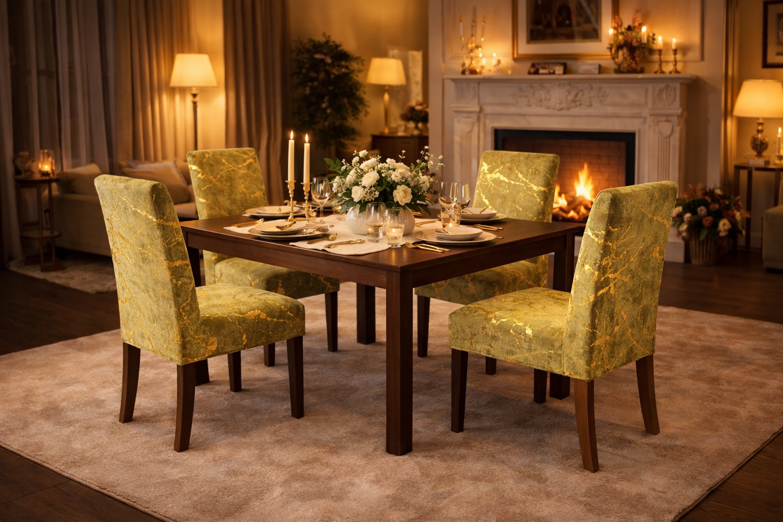 POKROWCE NA KRZESŁA 6 SZT. PISTACJOWE ZIELONE I ZŁOTE MARMUROWE ELASTYCZNE UNIWERSALNE WELUROWE