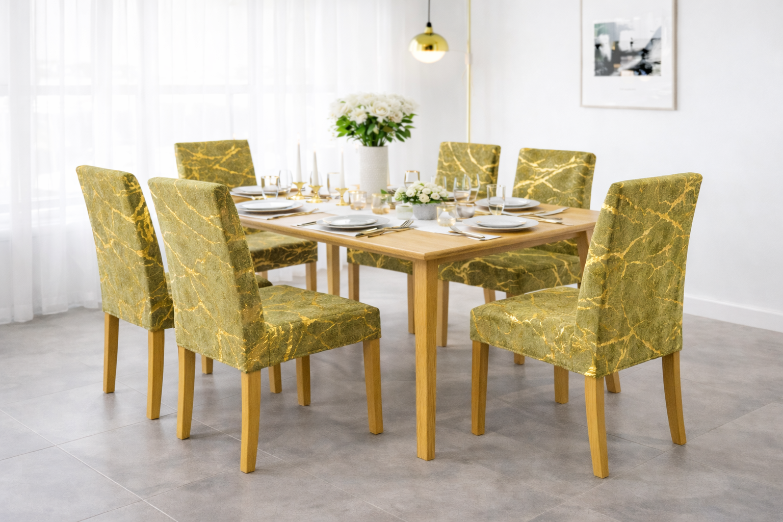 POKROWCE NA KRZESŁA 6 SZT. PISTACJOWE ZIELONE I ZŁOTE MARMUROWE ELASTYCZNE UNIWERSALNE WELUROWE