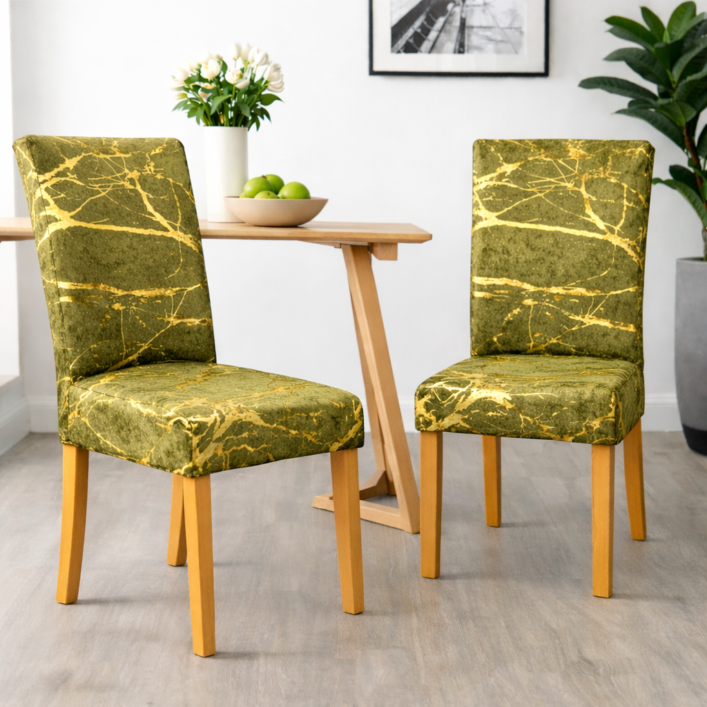 POKROWCE NA KRZESŁA 6 SZT. PISTACJOWE ZIELONE I ZŁOTE MARMUROWE ELASTYCZNE UNIWERSALNE WELUROWE