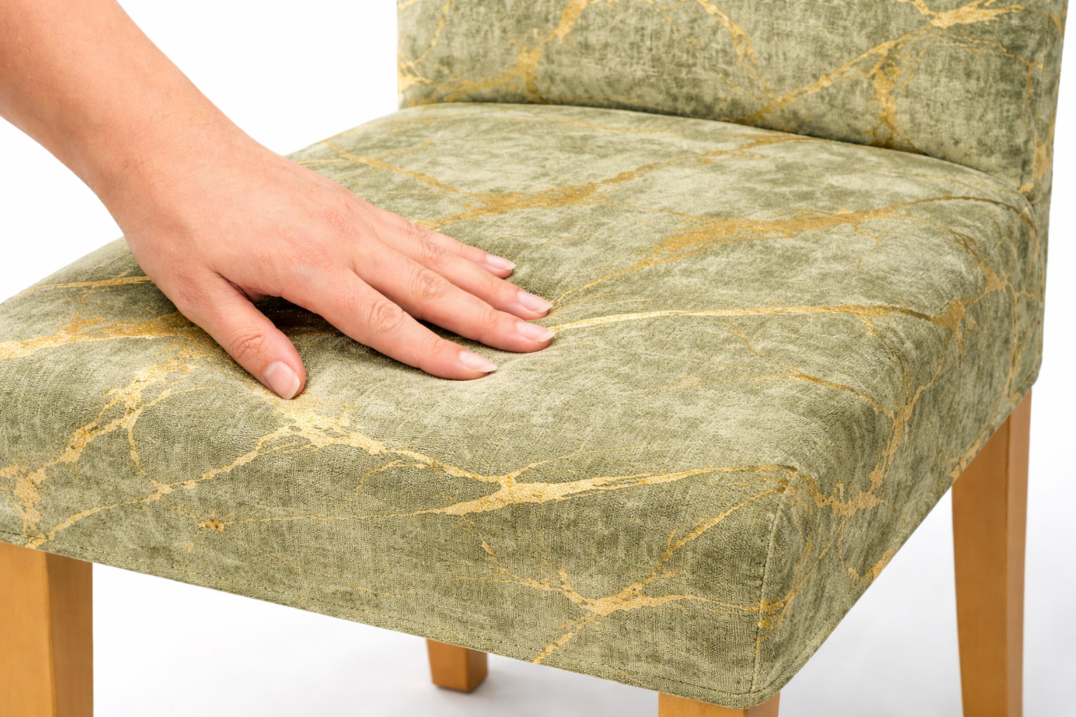 POKROWCE NA KRZESŁA 6 SZT. PISTACJOWE ZIELONE I ZŁOTE MARMUROWE ELASTYCZNE UNIWERSALNE WELUROWE