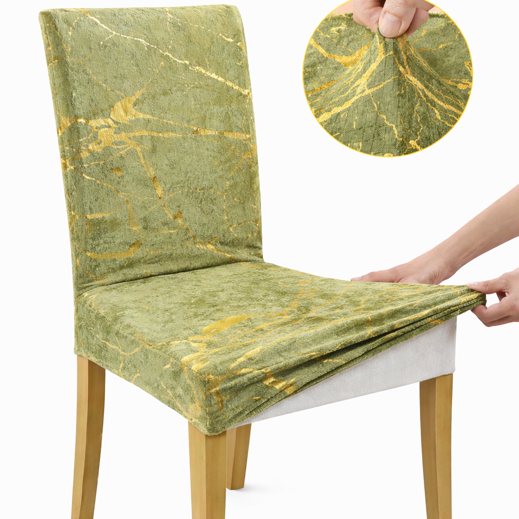 POKROWCE NA KRZESŁA 6 SZT. PISTACJOWE ZIELONE I ZŁOTE MARMUROWE ELASTYCZNE UNIWERSALNE WELUROWE
