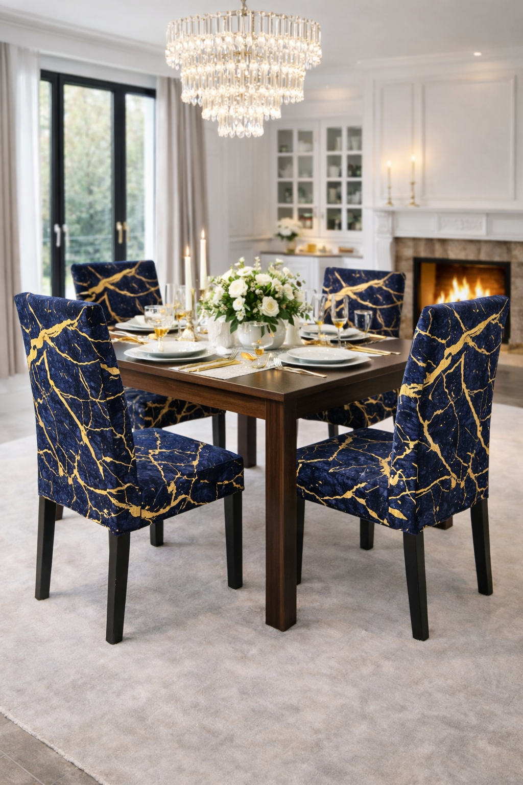 CHAIR COVERS 6 PCS NAVY BLUE AND GOLD MARBLE FLEXIBLE UNIVERSAL VELVET