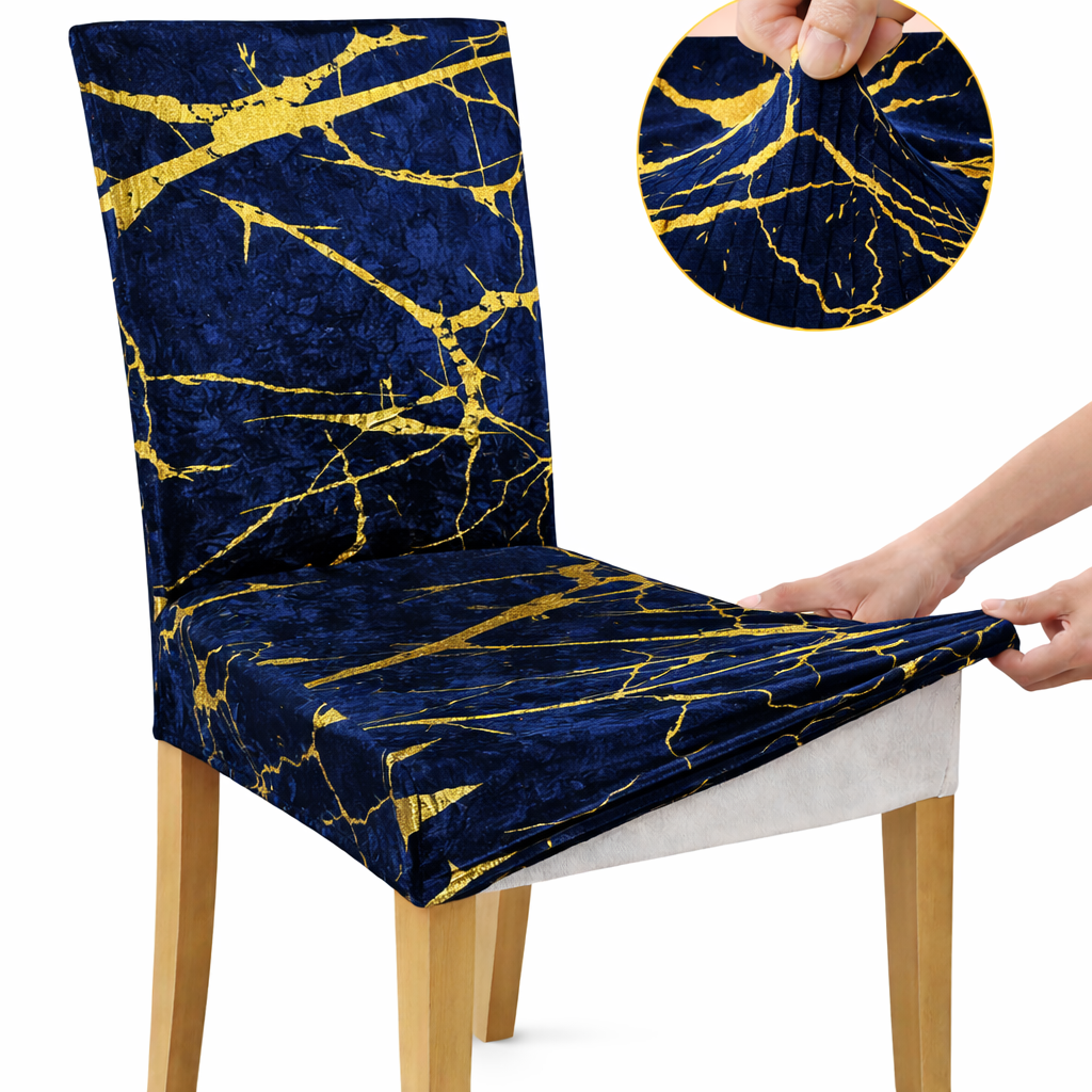 POKROWCE NA KRZESŁA 6 SZT. GRANATOWE I ZŁOTE MARMUROWE ELASTYCZNE UNIWERSALNE WELUROWE