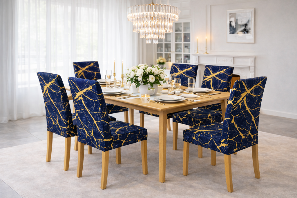 POKROWCE NA KRZESŁA 6 SZT. GRANATOWE I ZŁOTE MARMUROWE ELASTYCZNE UNIWERSALNE WELUROWE