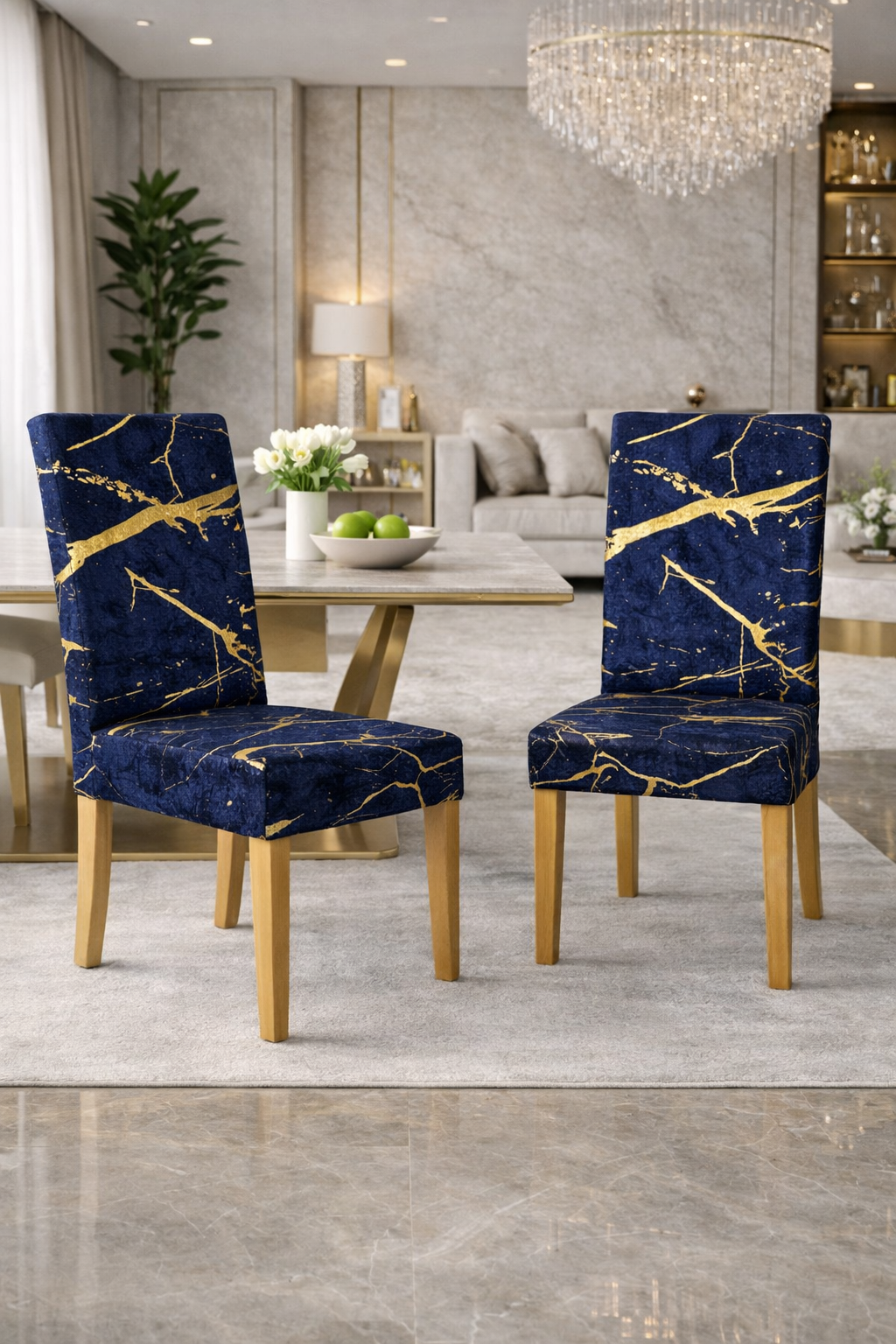 POKROWCE NA KRZESŁA 6 SZT. GRANATOWE I ZŁOTE MARMUROWE ELASTYCZNE UNIWERSALNE WELUROWE