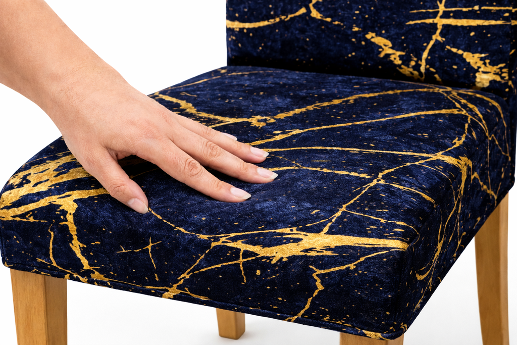 POKROWCE NA KRZESŁA 6 SZT. GRANATOWE I ZŁOTE MARMUROWE ELASTYCZNE UNIWERSALNE WELUROWE