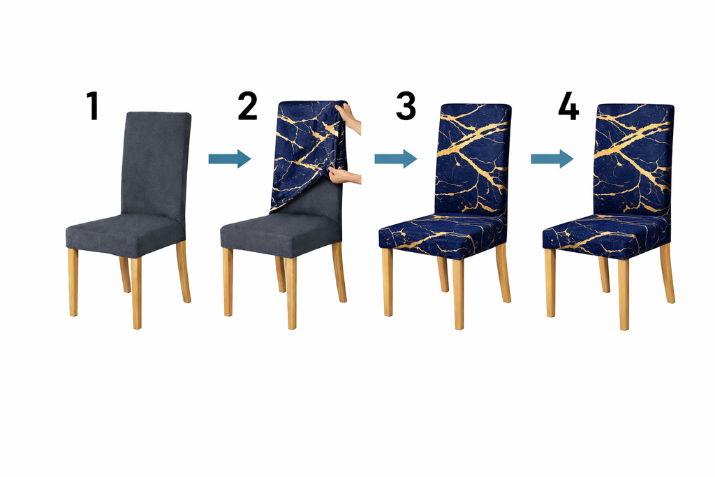 POKROWCE NA KRZESŁA 6 SZT. GRANATOWE I ZŁOTE MARMUROWE ELASTYCZNE UNIWERSALNE WELUROWE