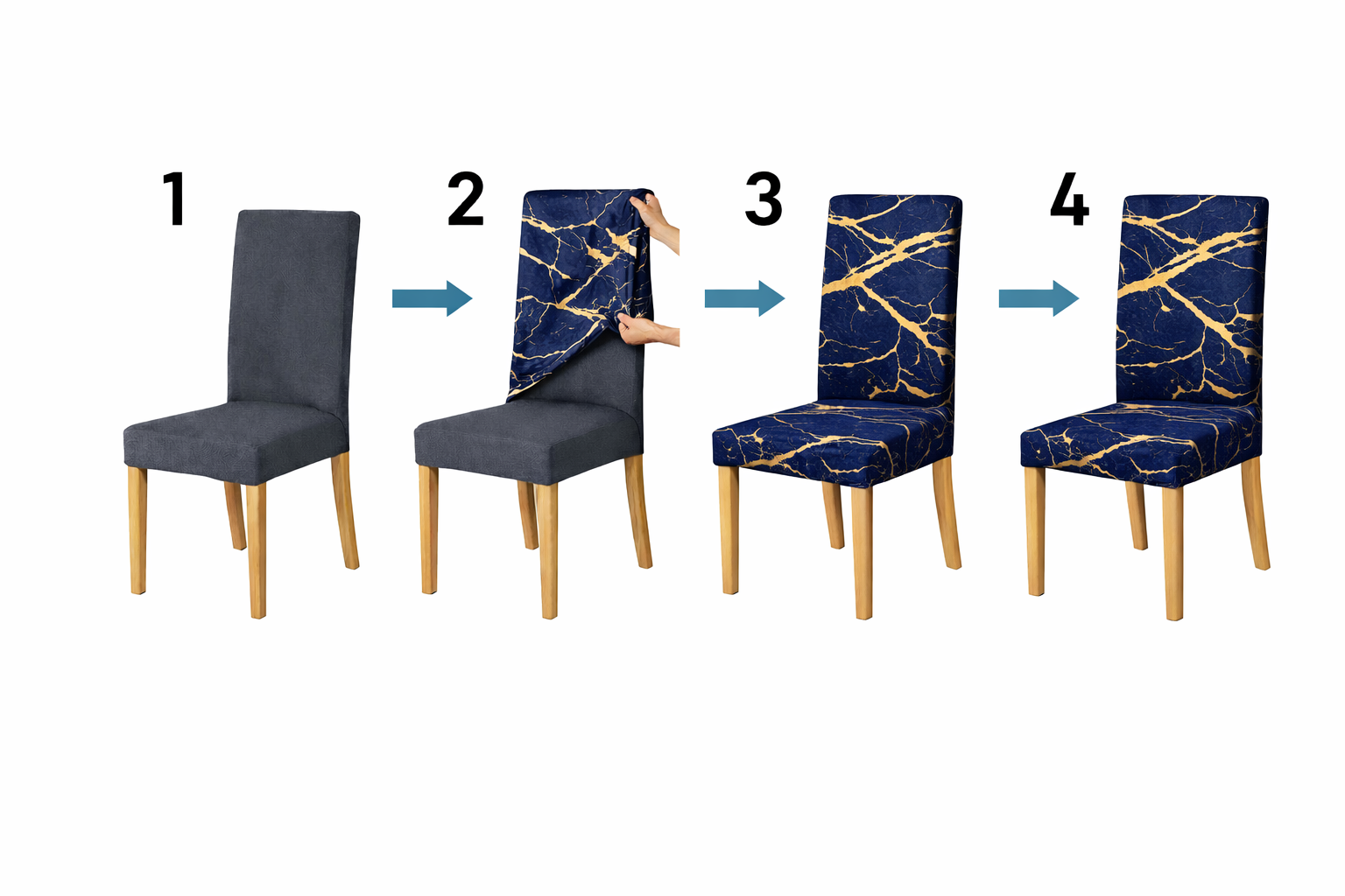 POKROWCE NA KRZESŁA 6 SZT. GRANATOWE I ZŁOTE MARMUROWE ELASTYCZNE UNIWERSALNE WELUROWE