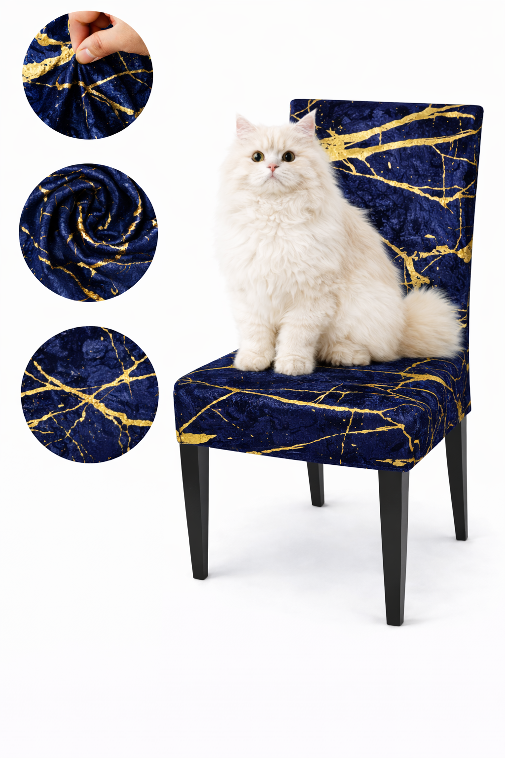 CHAIR COVERS 6 PCS NAVY BLUE AND GOLD MARBLE FLEXIBLE UNIVERSAL VELVET