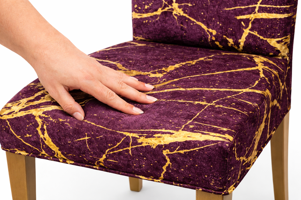 POKROWCE NA KRZESŁA 6 SZT. FIOLETOWE I ZŁOTE MARMUROWE ELASTYCZNE UNIWERSALNE WELUROWE